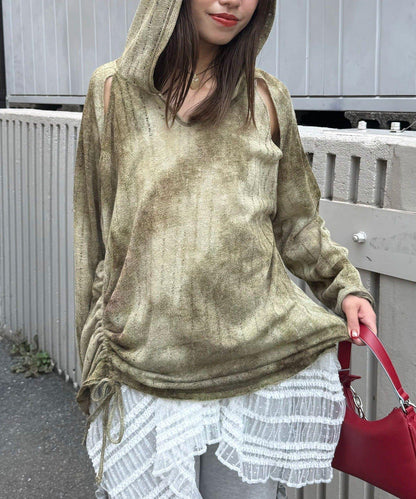 肩部開衩條紋印花連帽衫