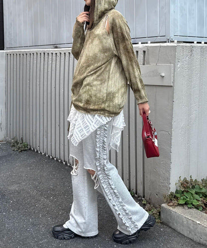 肩部開衩條紋印花連帽衫