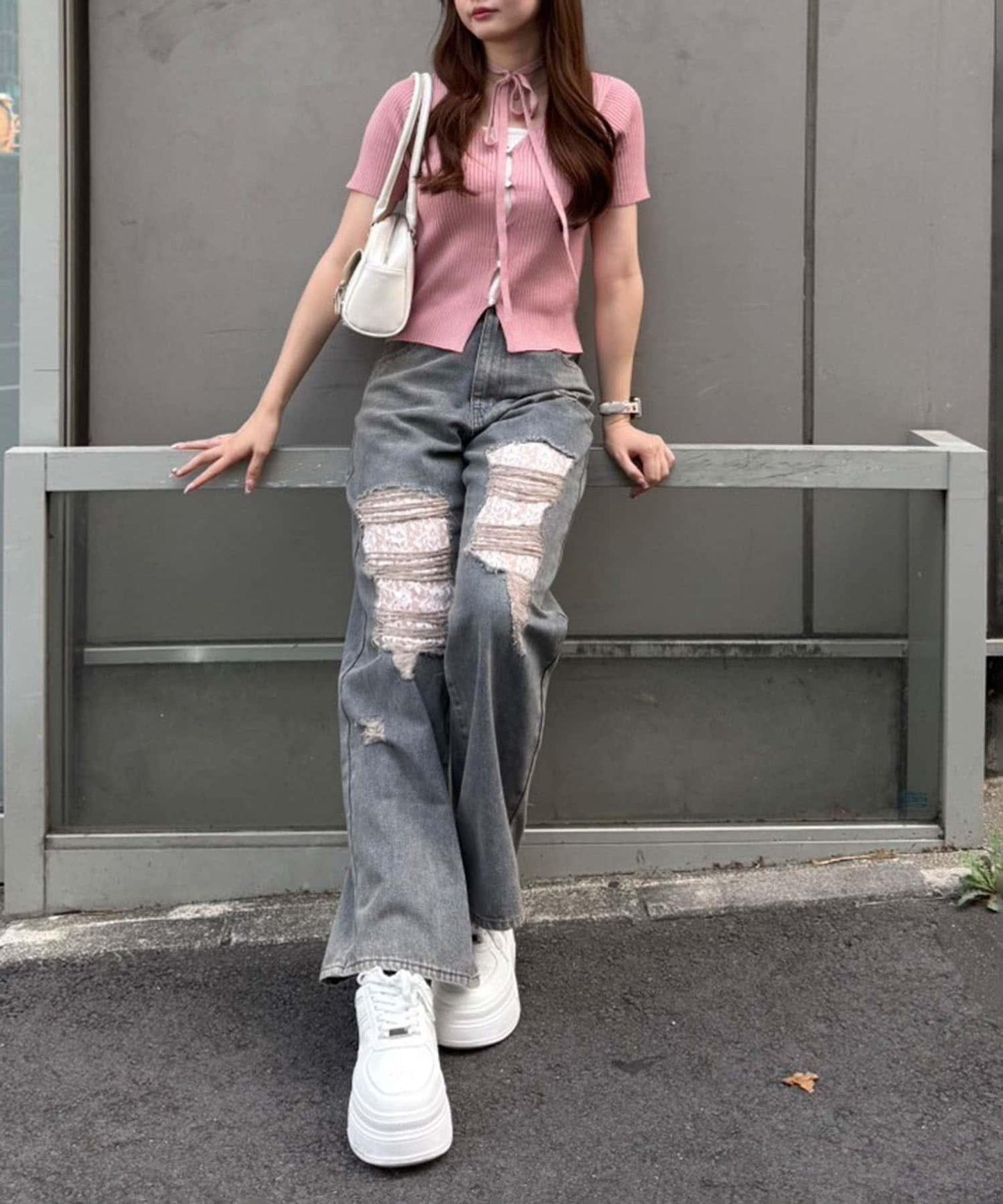 旬顏！損傷蕾絲牛仔褲