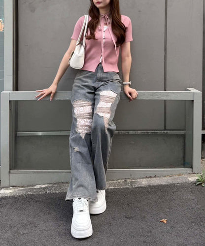 旬顏！損傷蕾絲牛仔褲