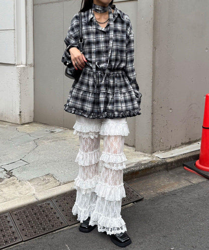 蝴蝶結領下襬層疊格子襯衫連衣裙