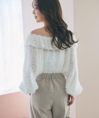 閃光羽毛提花荷葉領襯衫