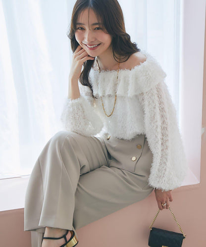 閃光羽毛提花荷葉領襯衫