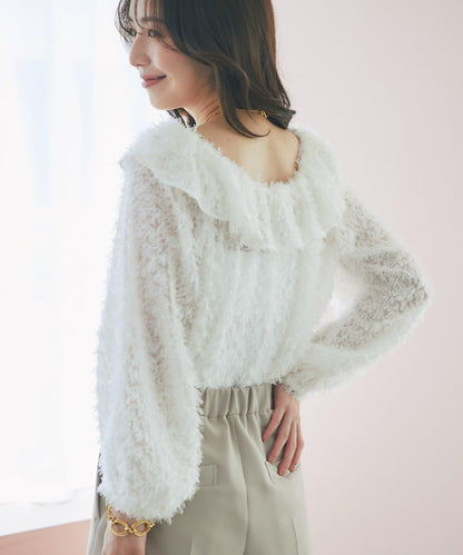 閃光羽毛提花荷葉領襯衫