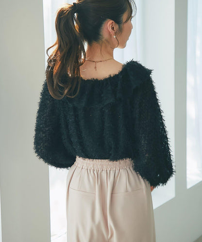 閃光羽毛提花荷葉領襯衫