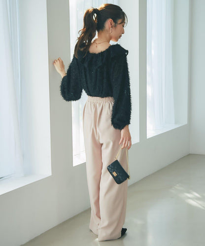 閃光羽毛提花荷葉領襯衫