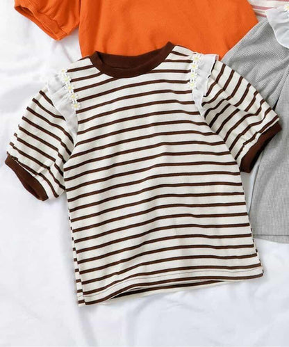 肩褶邊花朵圖案T恤