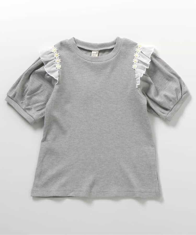 肩褶邊花朵圖案T恤