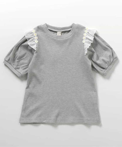 肩褶邊花朵圖案T恤