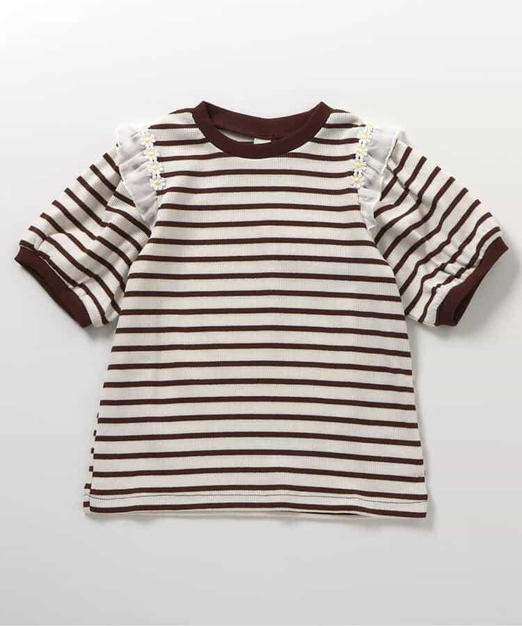 肩褶邊花朵圖案T恤