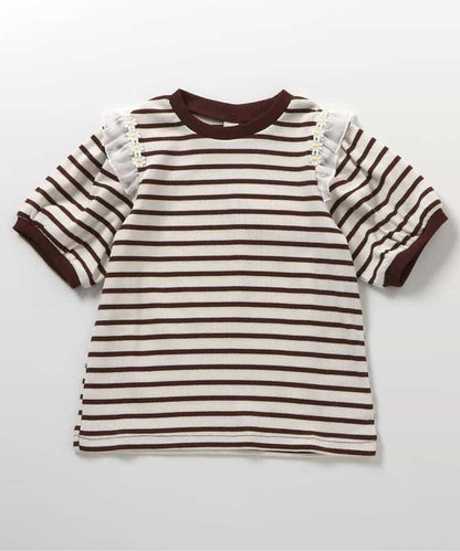 肩褶邊花朵圖案T恤