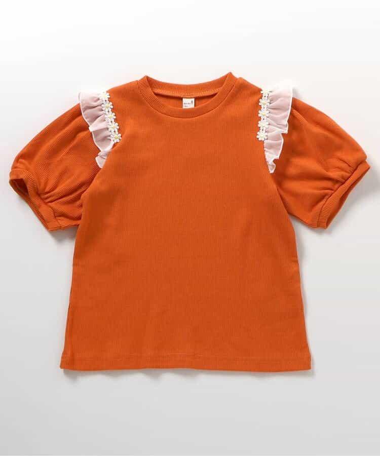 肩褶邊花朵圖案T恤