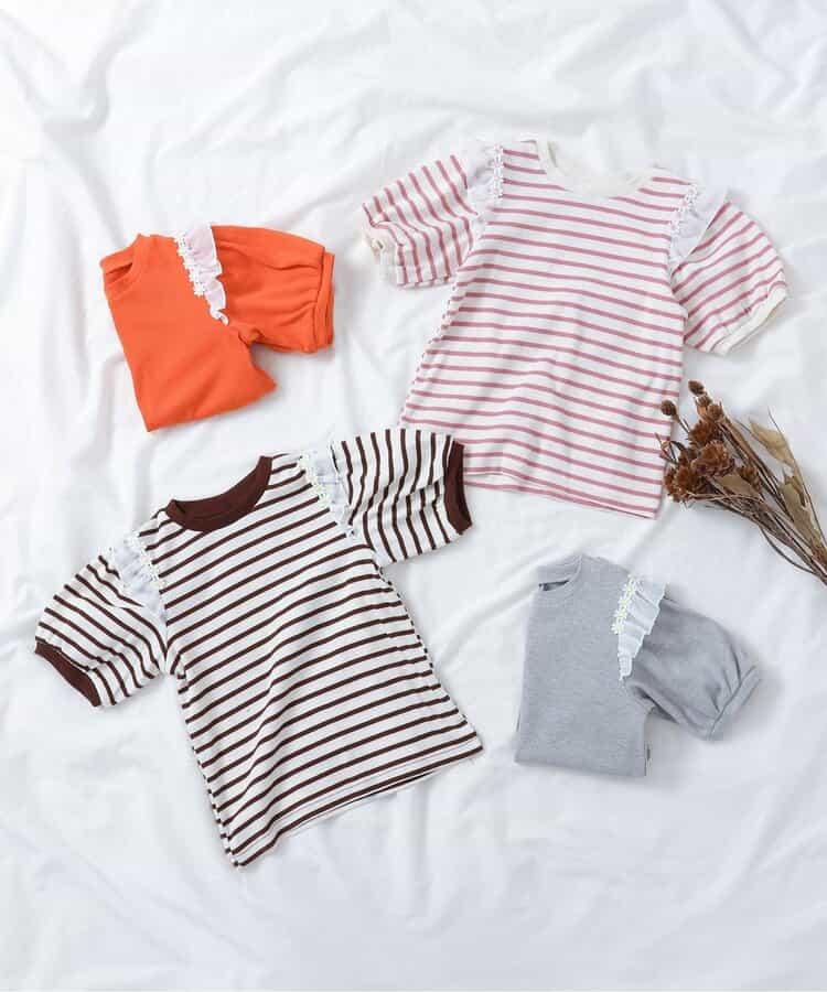 肩褶邊花朵圖案T恤