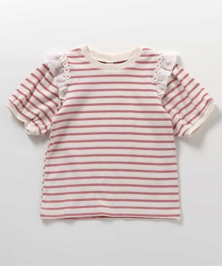 肩褶邊花朵圖案T恤