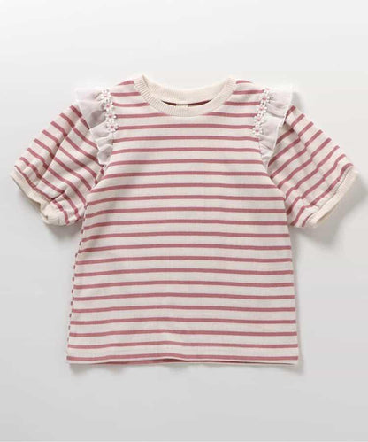 肩褶邊花朵圖案T恤