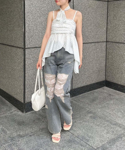 旬顏！損傷蕾絲牛仔褲