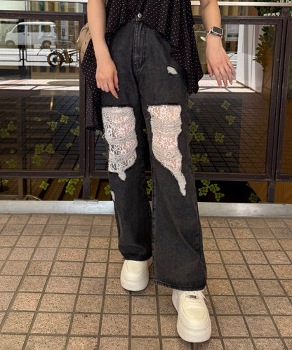 旬顏！損傷蕾絲牛仔褲
