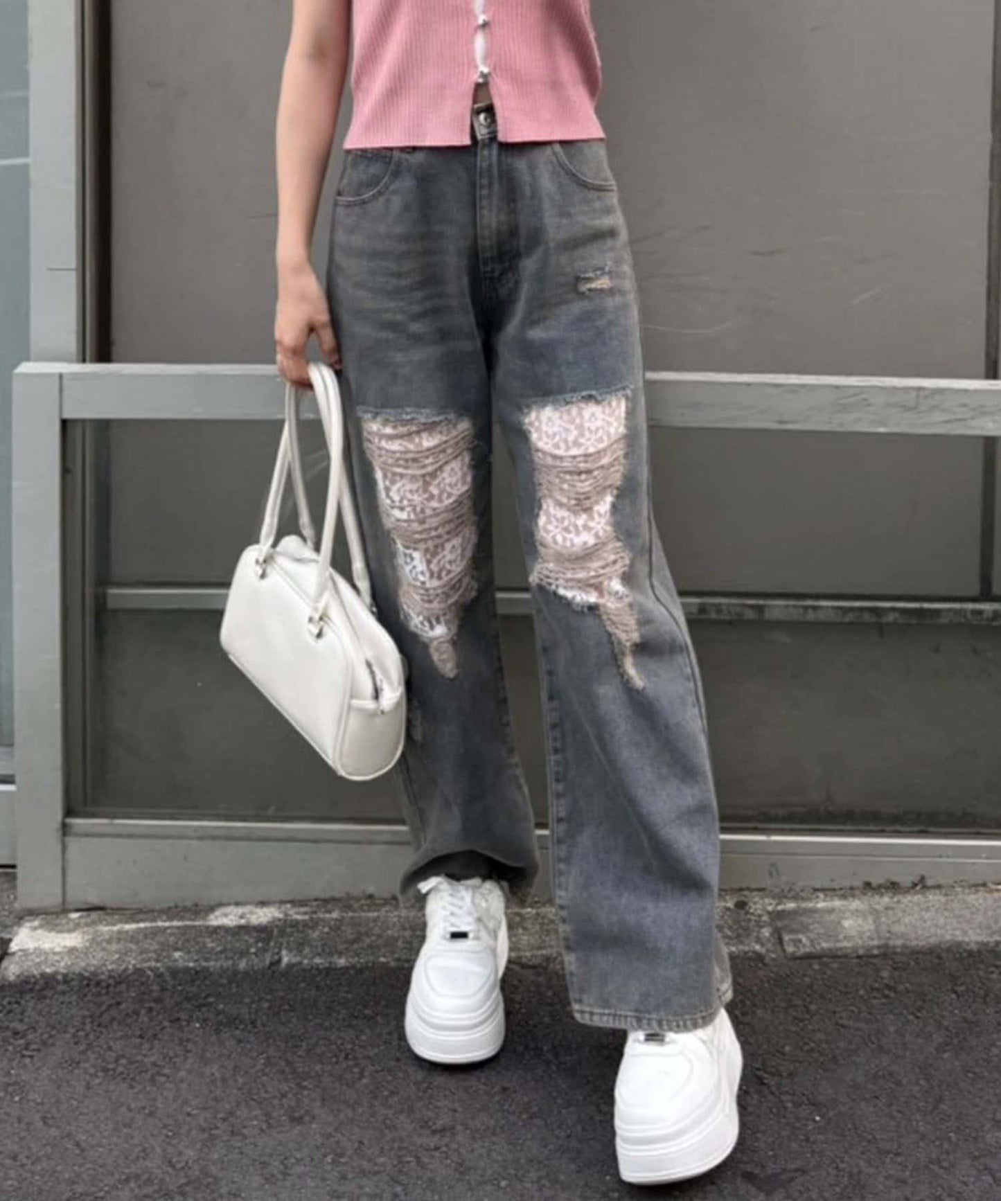 旬顏！損傷蕾絲牛仔褲