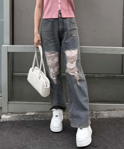 旬顏！損傷蕾絲牛仔褲