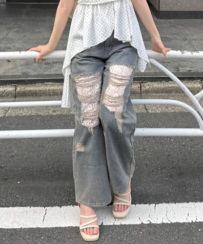 旬顏！損傷蕾絲牛仔褲