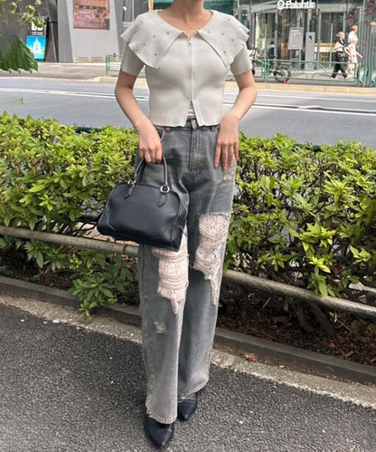 旬顏！損傷蕾絲牛仔褲