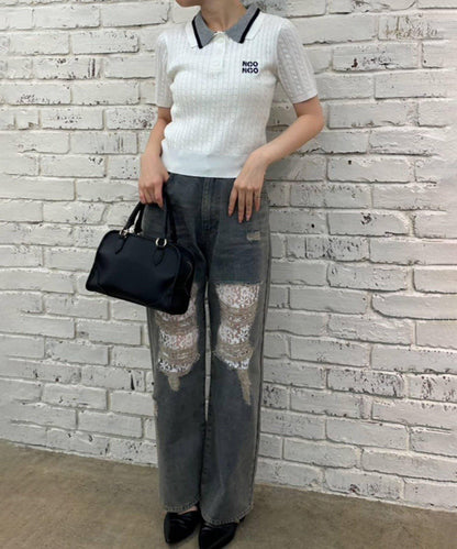 旬顏！損傷蕾絲牛仔褲