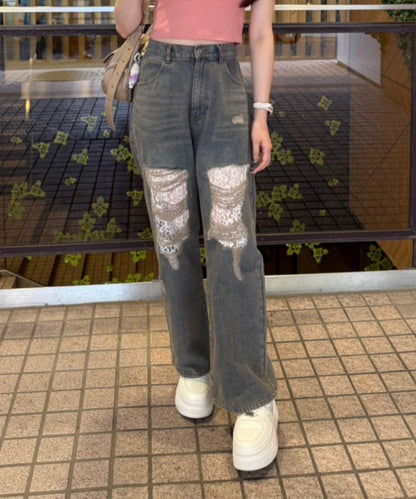 旬顏！損傷蕾絲牛仔褲