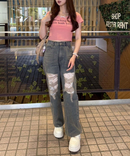 旬顏！損傷蕾絲牛仔褲