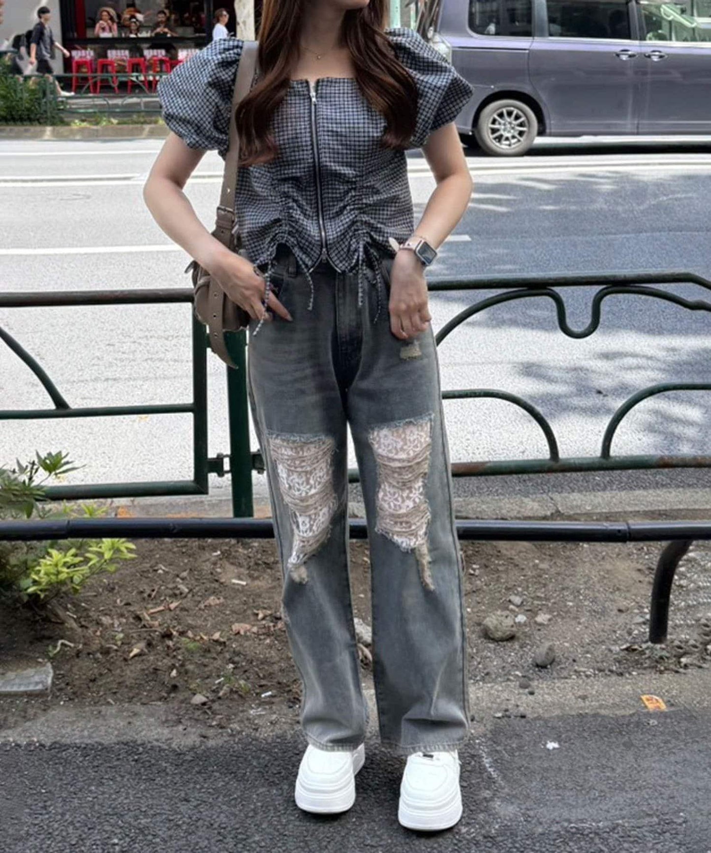 旬顏！損傷蕾絲牛仔褲