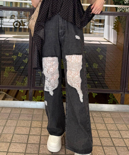 旬顏！損傷蕾絲牛仔褲