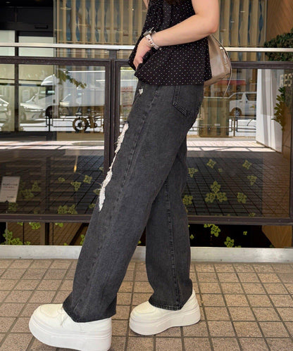 旬顏！損傷蕾絲牛仔褲