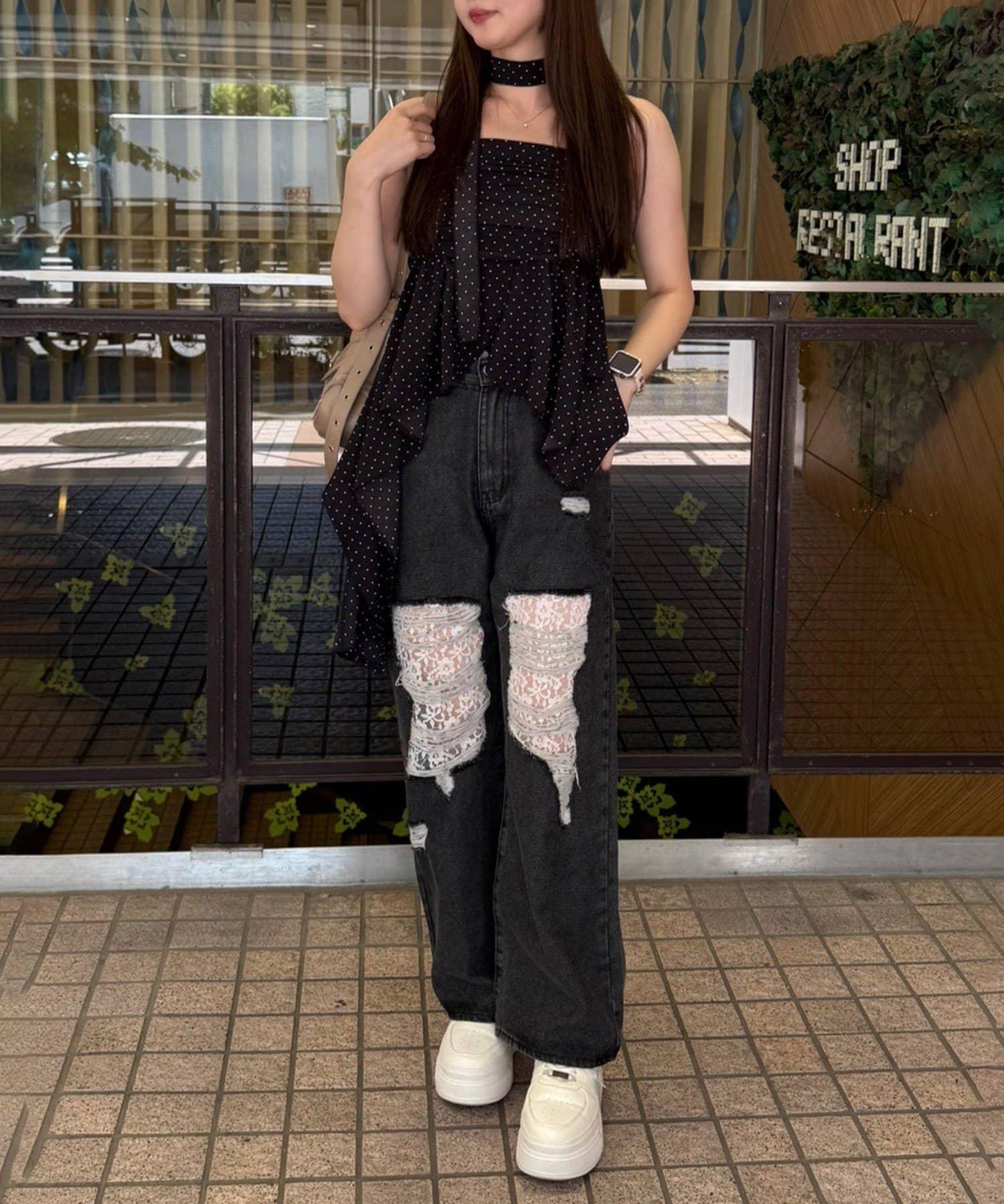 旬顏！損傷蕾絲牛仔褲