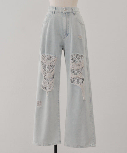 旬顏！損傷蕾絲牛仔褲