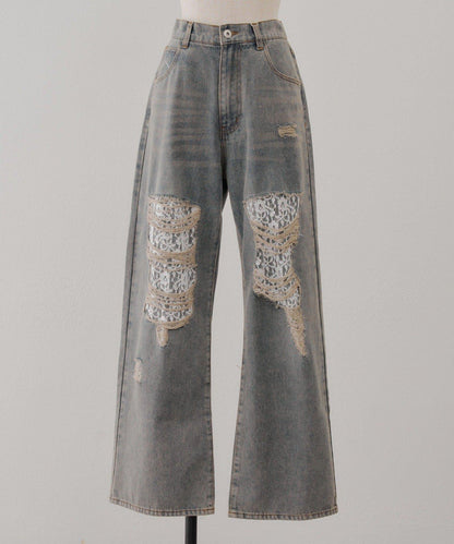 旬顏！損傷蕾絲牛仔褲