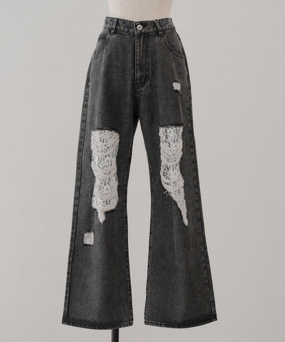 旬顏！損傷蕾絲牛仔褲