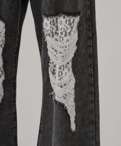 旬顏！損傷蕾絲牛仔褲