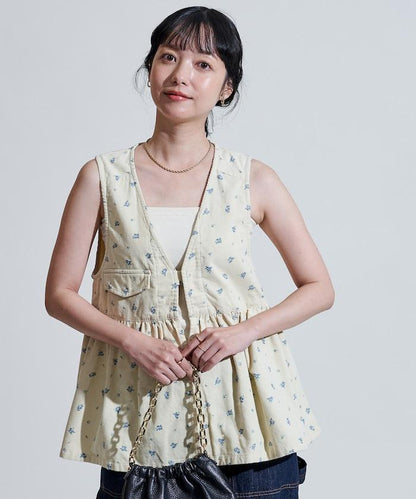 鄉村風格燈花圖案絨面馬甲＜可搭配套裝＞