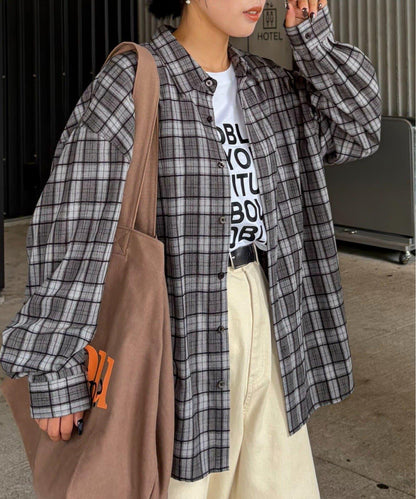 【男女通用】商場混紡長袖格子襯衫