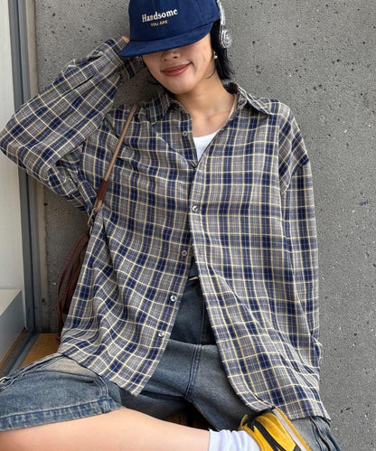 【男女通用】商場混紡長袖格子襯衫