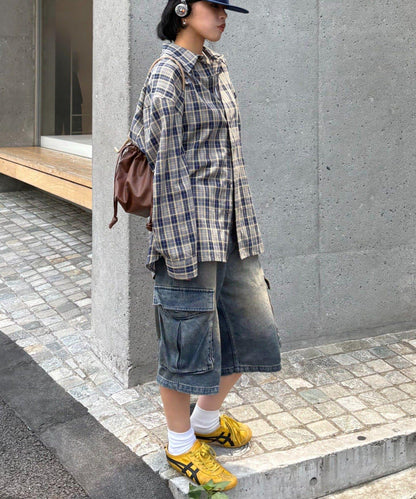 【男女通用】商場混紡長袖格子襯衫