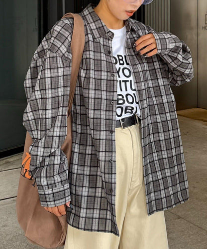 【男女通用】商場混紡長袖格子襯衫