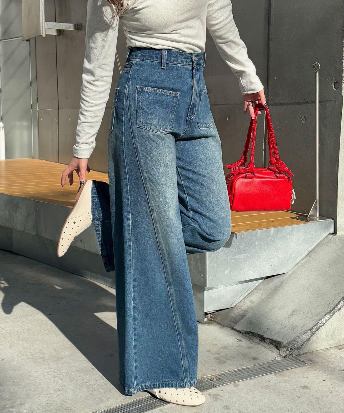 【CIAN DENIM/藍色牛仔布】分裂式前開衩寬鬆牛仔褲#002