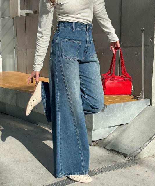 【CIAN DENIM/藍色牛仔布】分裂式前開衩寬鬆牛仔褲#002