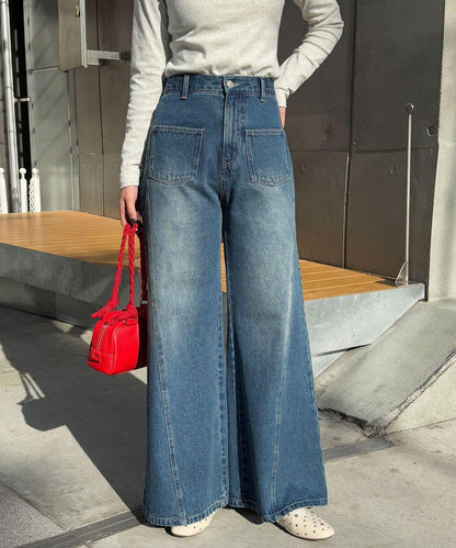 【CIAN DENIM/藍色牛仔布】分裂式前開衩寬鬆牛仔褲#002