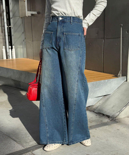 【CIAN DENIM/藍色牛仔布】分裂式前開衩寬鬆牛仔褲#002