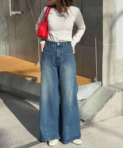 【CIAN DENIM/藍色牛仔布】分裂式前開衩寬鬆牛仔褲#002