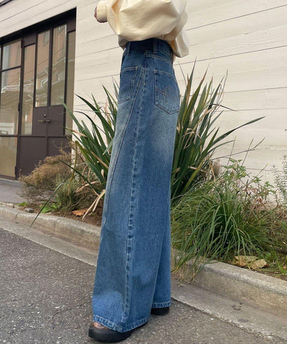 【CIAN DENIM/藍色牛仔布】分裂式前開衩寬鬆牛仔褲#002