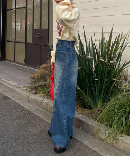 【CIAN DENIM/藍色牛仔布】分裂式前開衩寬鬆牛仔褲#002