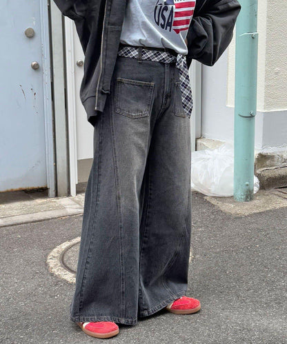 【CIAN DENIM/藍色牛仔布】分裂式前開衩寬鬆牛仔褲#002