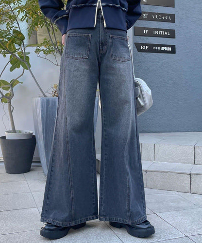 【CIAN DENIM/藍色牛仔布】分裂式前開衩寬鬆牛仔褲#002